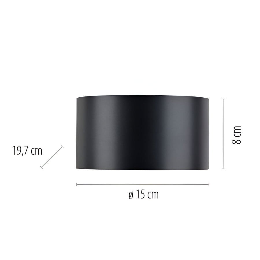 Black cylindrical object with dimensions labeled on a white background