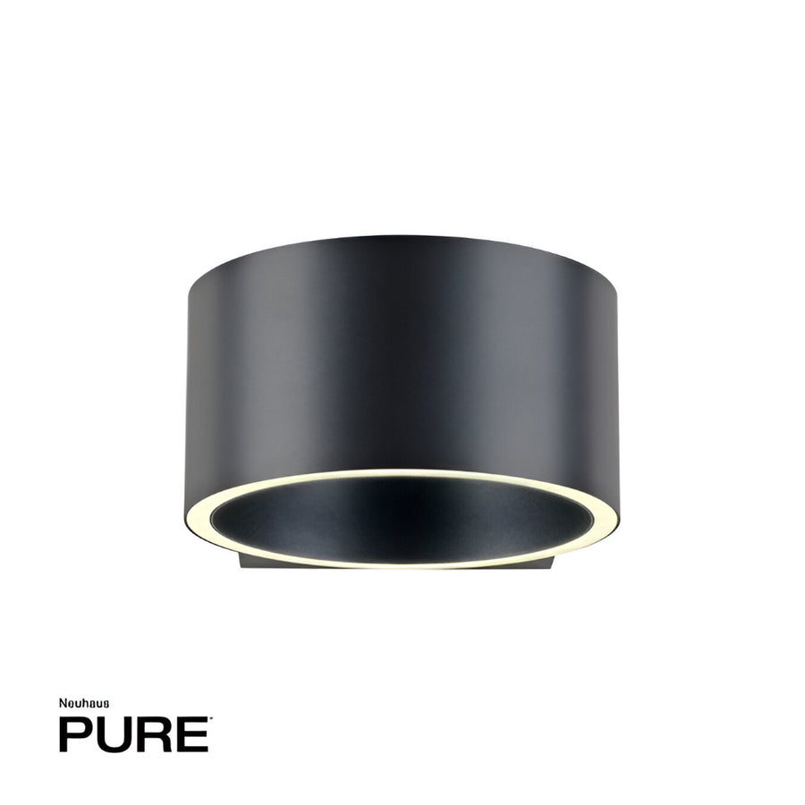 Black cylindrical light fixture with gold interior on a white background, featuring the brand 'Neuhaus Pure'.
