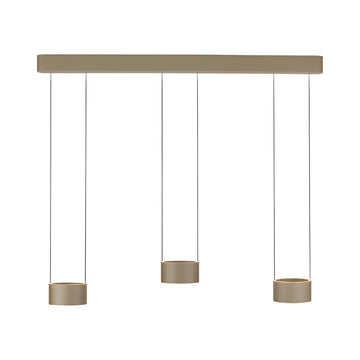 Modern pendant light fixture with three hanging cylindrical shades on a white background with height adjustable feature