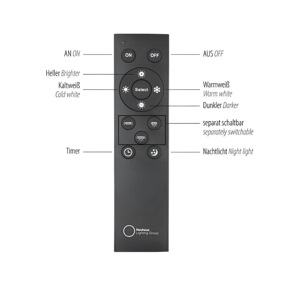 Black remote control with labeled buttons on a white background