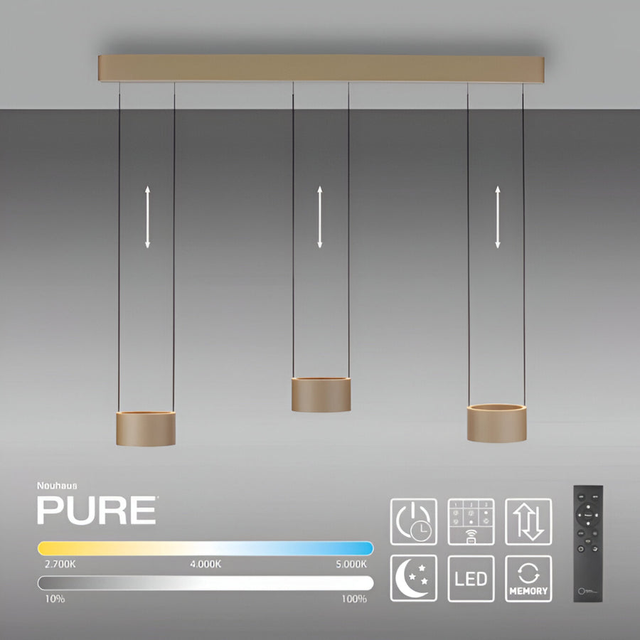 Modern pendant light fixture with control panel on a gray background