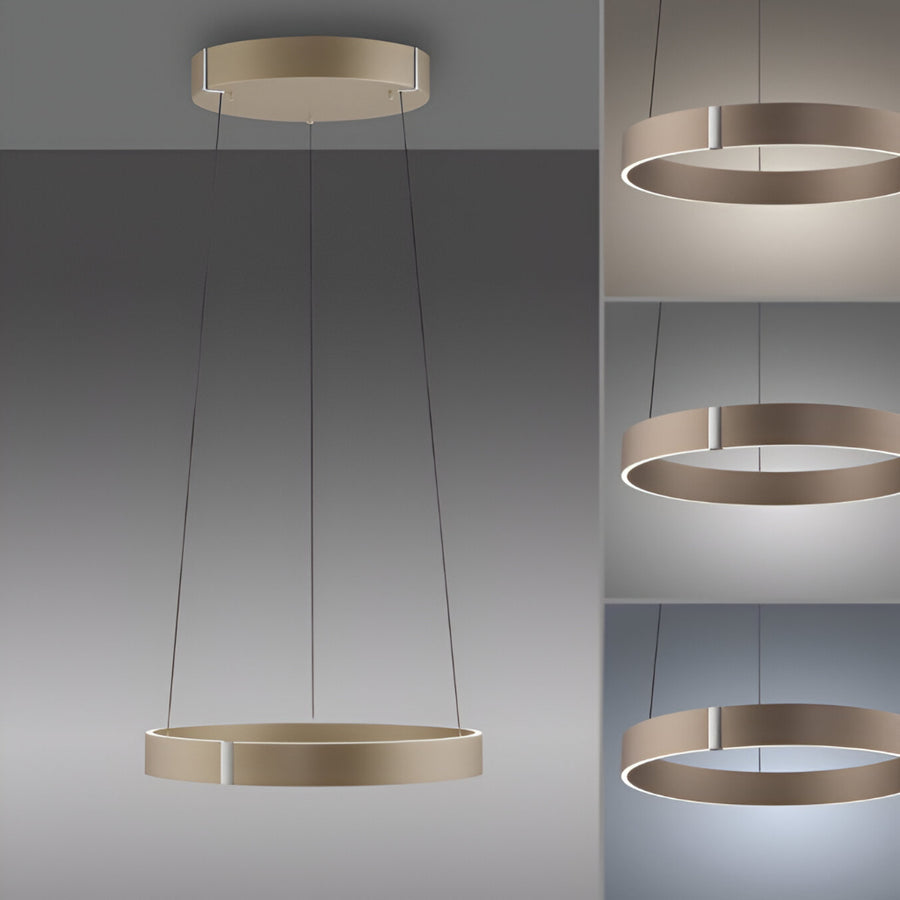 Collage of a modern pendant light fixture on a gray background with different colour temperatures