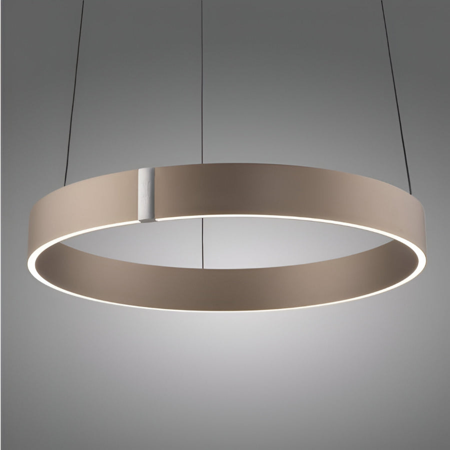 Modern pendant light with two circular rings on a gray background