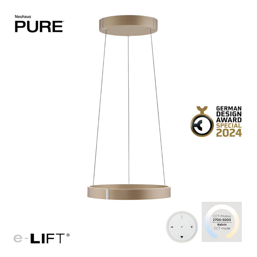 Neuhaus Pure pendant light with e-LIFT branding and German Design Award Special 2024 badge on a white background.