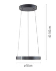 Pendant light with dimensions on a white background