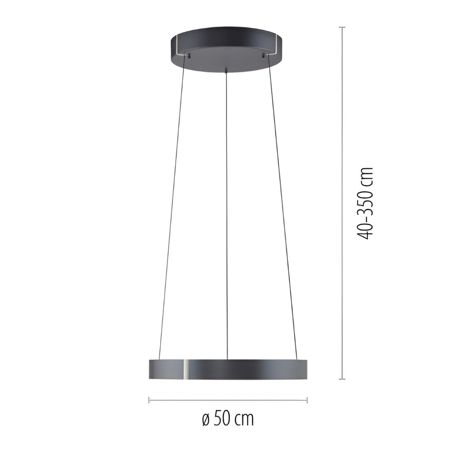 Pendant light with dimensions on a white background