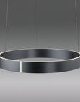 Modern pendant light with a dark gray circular shade on a gray background