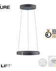 Neuhaus Pure pendant light with e-Lift branding and German Design Award Special 2024 badge on a white background.