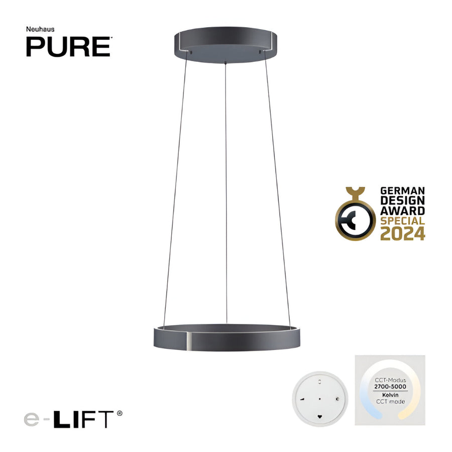 Neuhaus Pure pendant light with e-Lift branding and German Design Award Special 2024 badge on a white background.