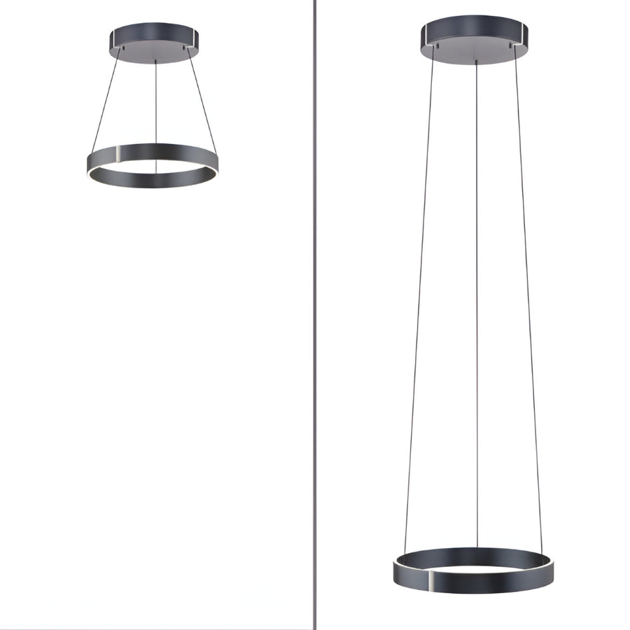 Two modern pendant lights with circular designs on a white background