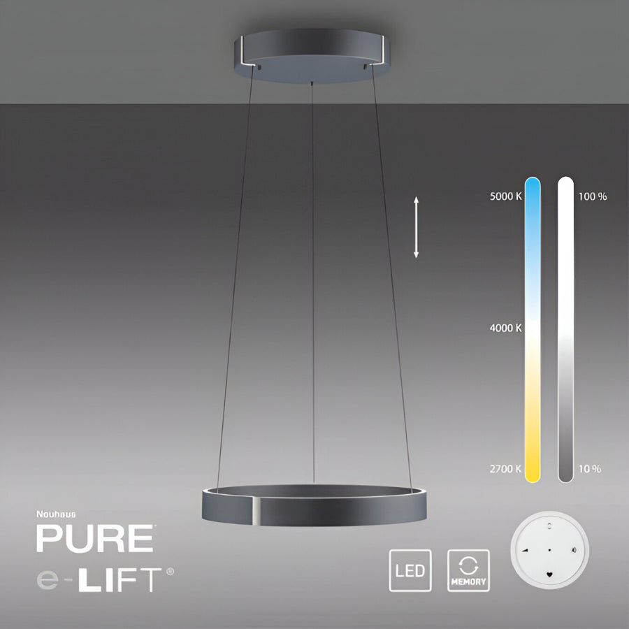 Ceiling light fixture with color temperature and brightness controls on a gray background