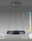 Neuhaus Pure e-Lift kinetic pendant light with color temperature and brightness control indicators on a gray background.