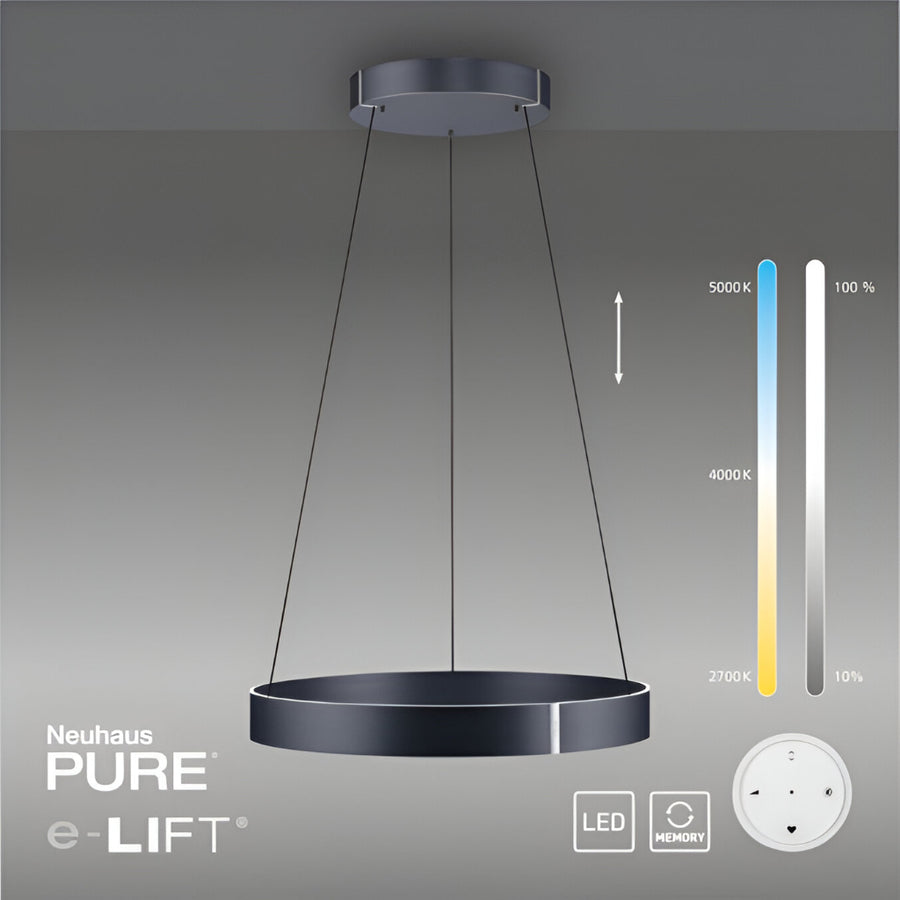 Neuhaus Pure e-Lift kinetic pendant light with color temperature and brightness control indicators on a gray background.