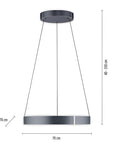Pendant light fixture with dimensions on a white background