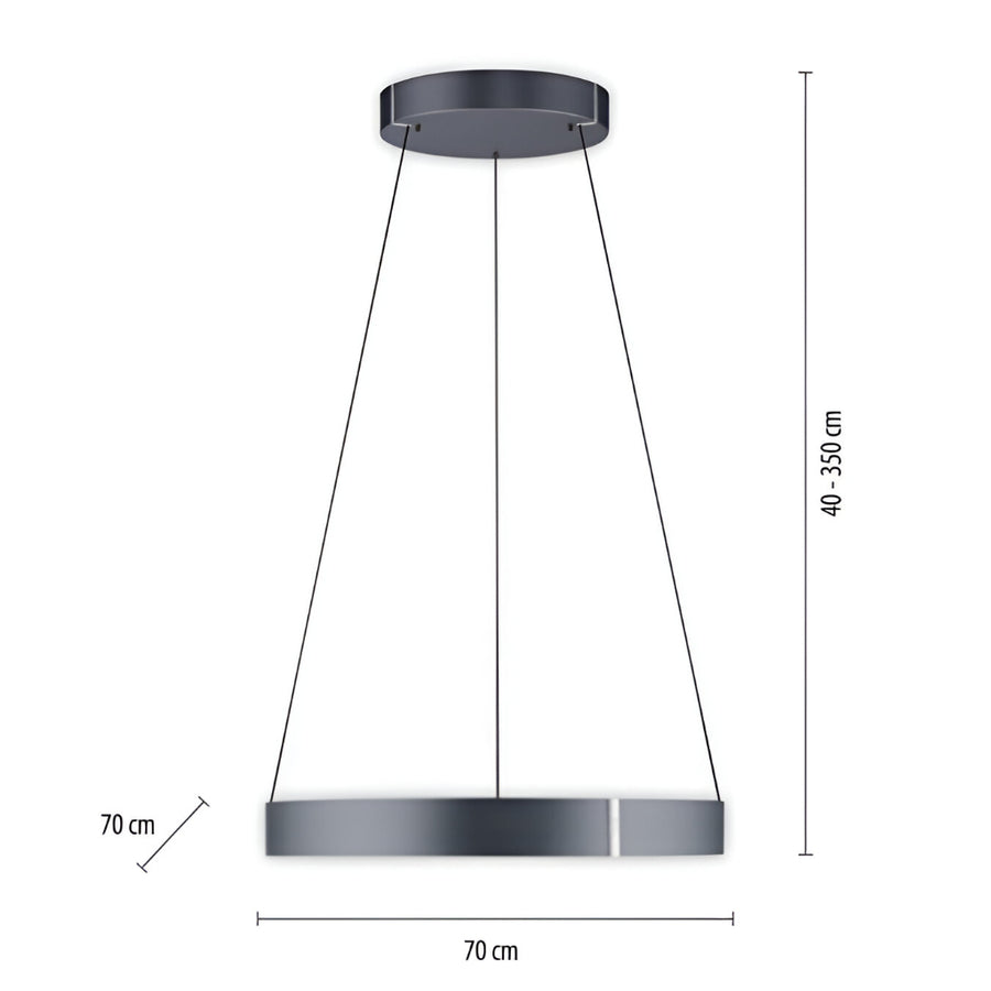Pendant light fixture with dimensions on a white background