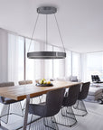 Modern dining room with a wooden table and chairs, featuring a kinetic chandelier. 