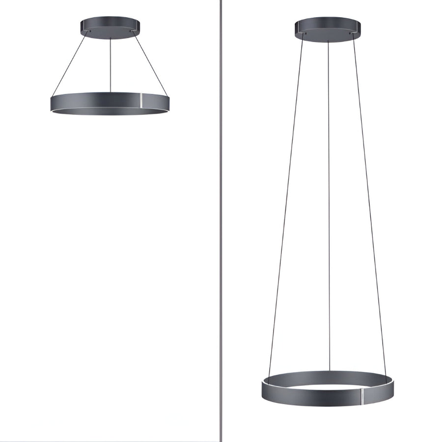2 height positions of a kinetic pendant light on a white background