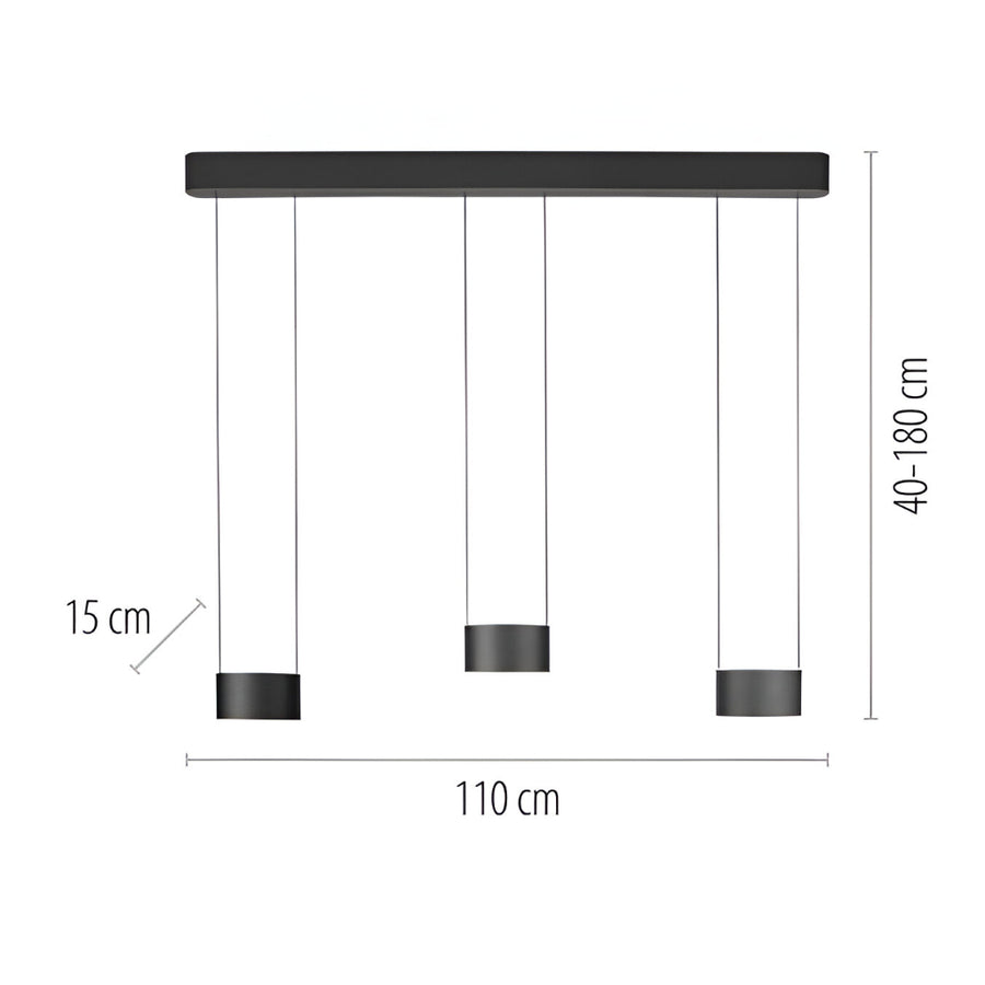 Black pendant light with dimensions on a white background