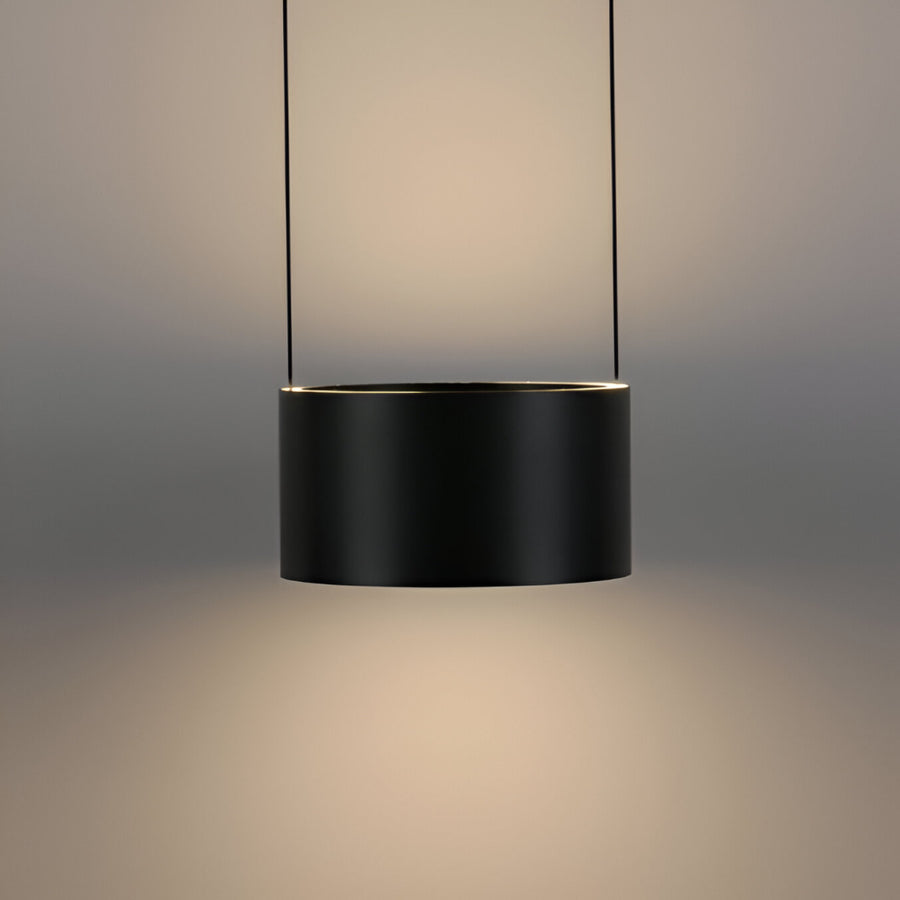 Modern black pendant light against a neutral background