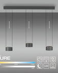Modern pendant light fixture with control panel on a gray background