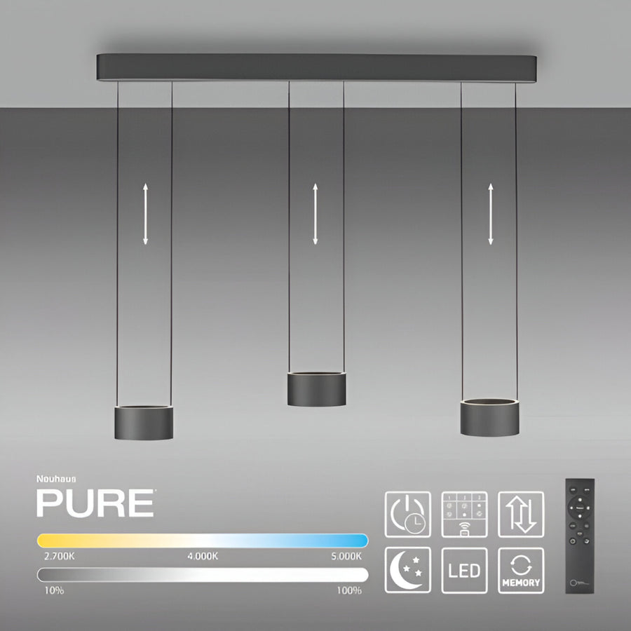 Modern pendant light fixture with control panel on a gray background