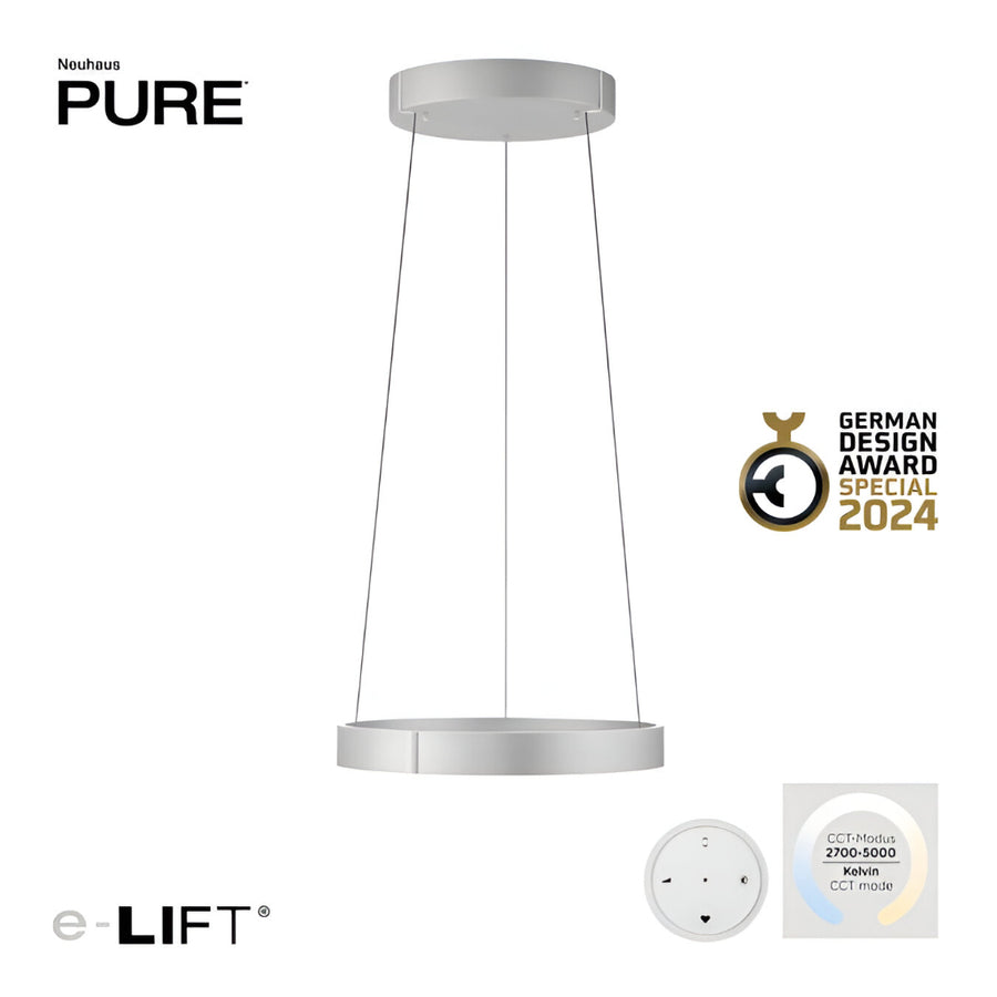 Neuhaus Pure pendant kinetic light with e-LIFT branding and German Design Award Special 2024 badge on a white background.
