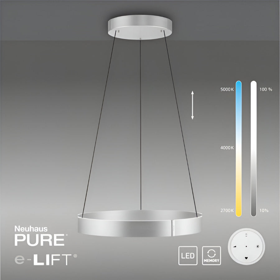 Neuhaus Pure e-Lift pendant light with color temperature scale on a gray background