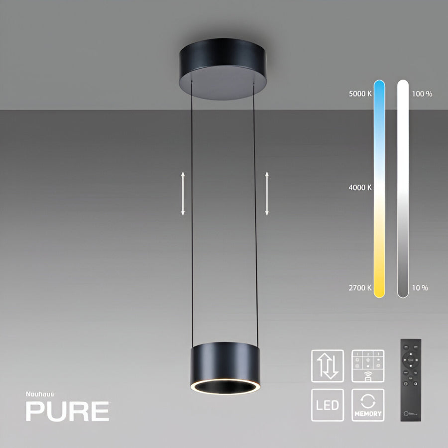 Black pendant light with a color temperature scale on a gray background, featuring the brand 'PURE'.