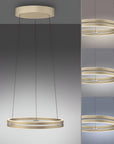 Modern pendant light with three different views on a gray background showing different colour temperatures