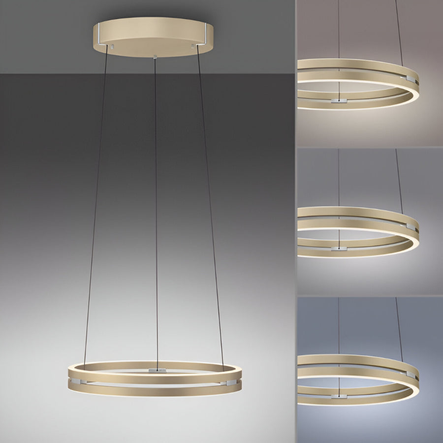 Modern pendant light with three different views on a gray background showing different colour temperatures