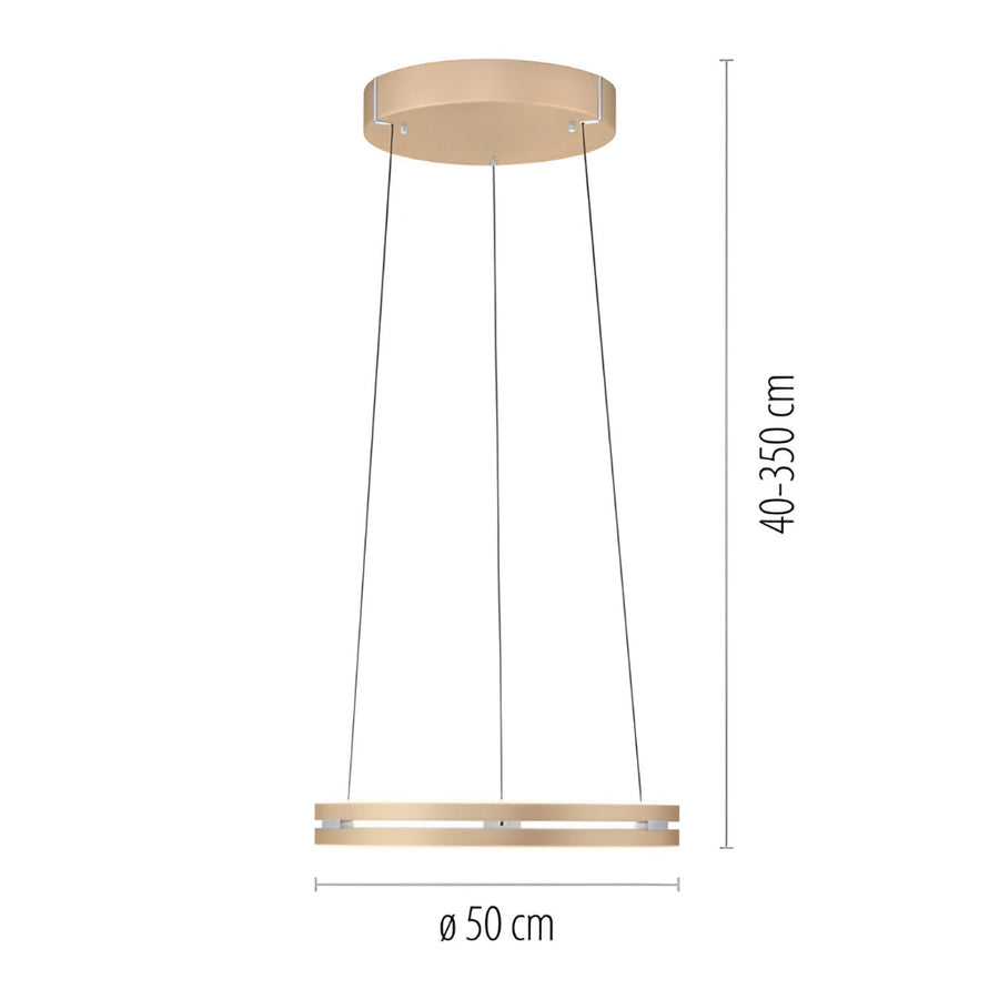Kinetic pendant light with dimensions on a white background