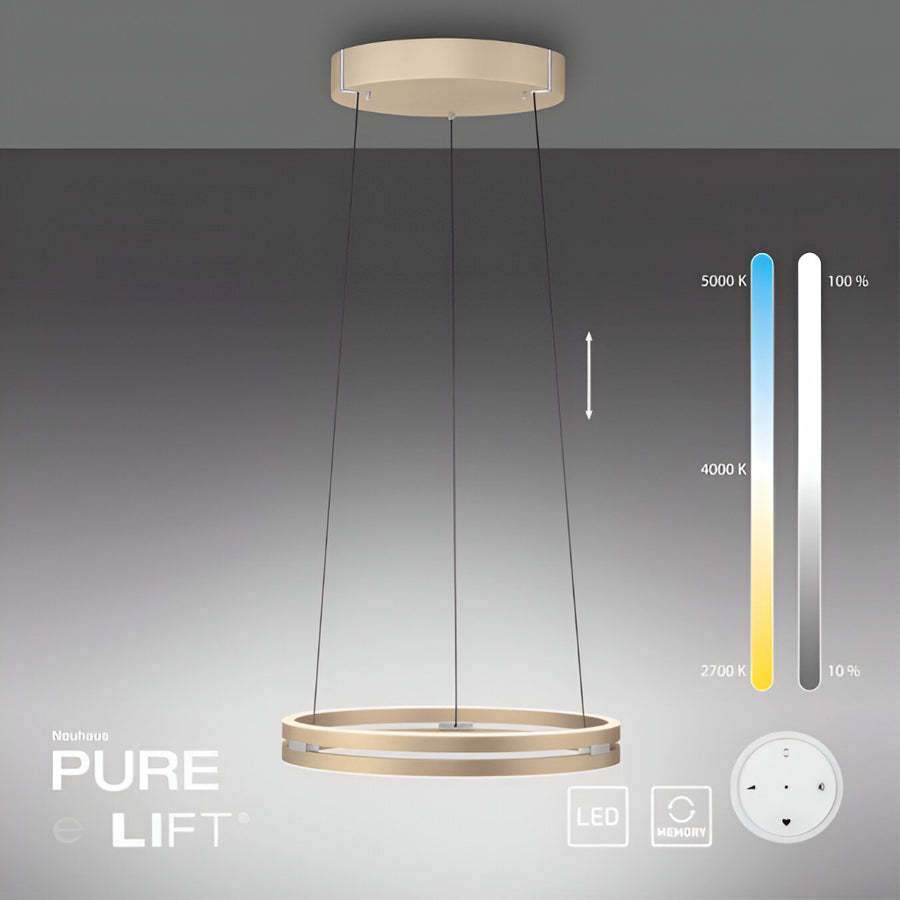 Ceiling kinetci light fixture with control panel on a gray background