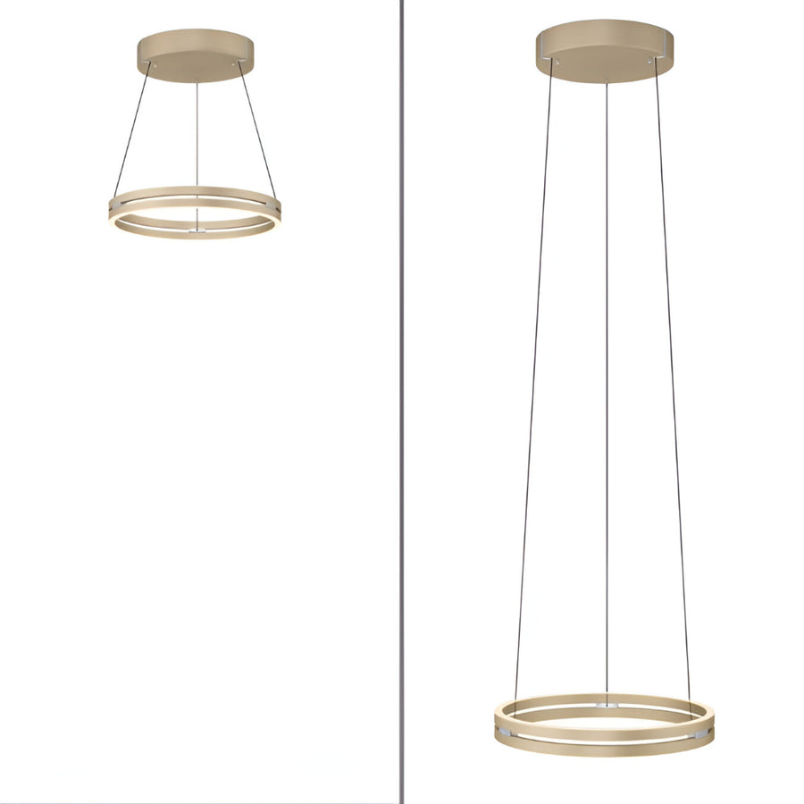 Two kinetic pendant lights with circular designs on a white background