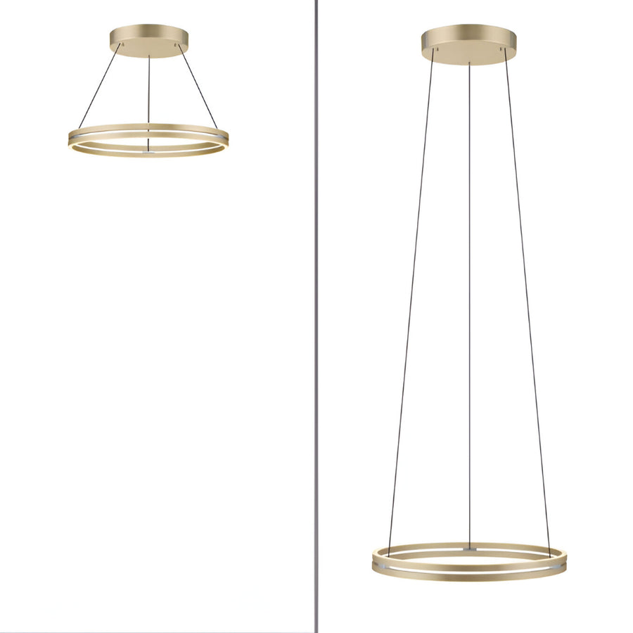 Two gold pendant kinetic lights on a white background