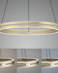 Modern pendant light with three different views on a gray background showing different colour temperatures. 