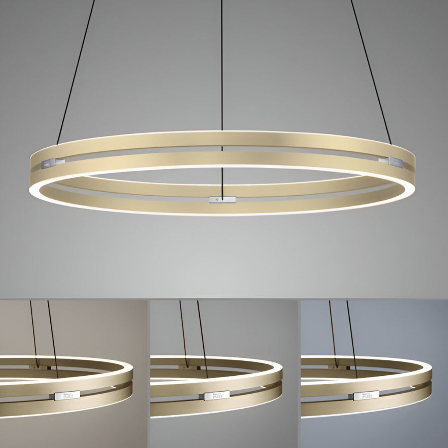 Modern pendant light with three different views on a gray background showing different colour temperatures. 