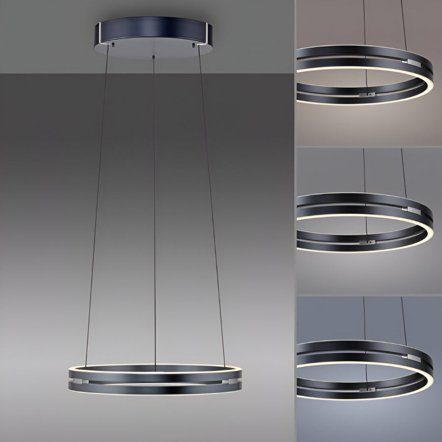 Modern pendant kinetic light with circular design on a gray background