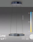 Neuhaus Pure e-Lift kinetic pendant light with color temperature and brightness control indicators on a gray background.