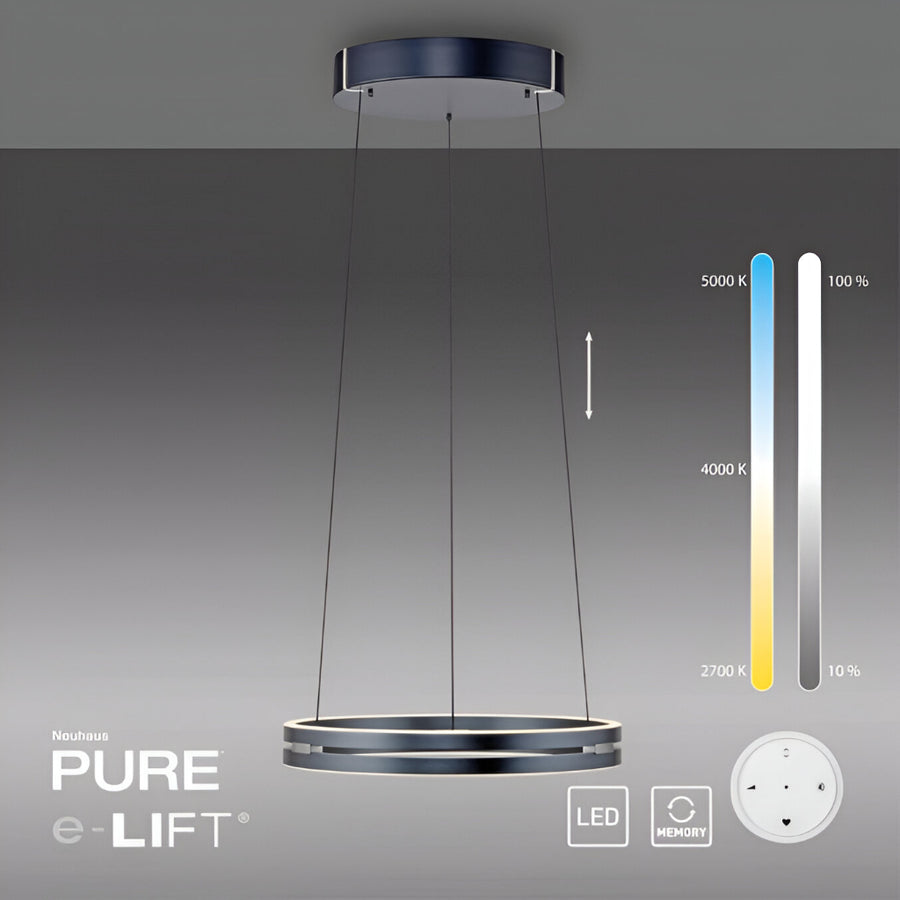 Neuhaus Pure e-Lift kinetic pendant light with color temperature and brightness control indicators on a gray background.