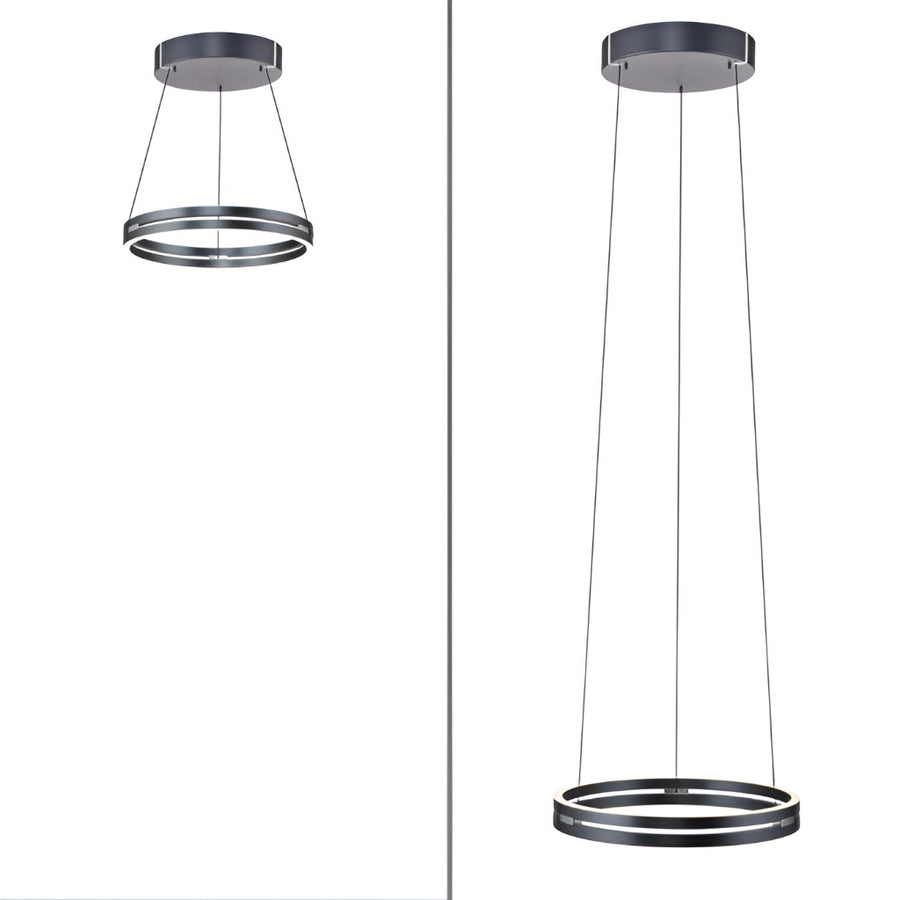 Two modern kinetic pendant lights with circular designs on a white background