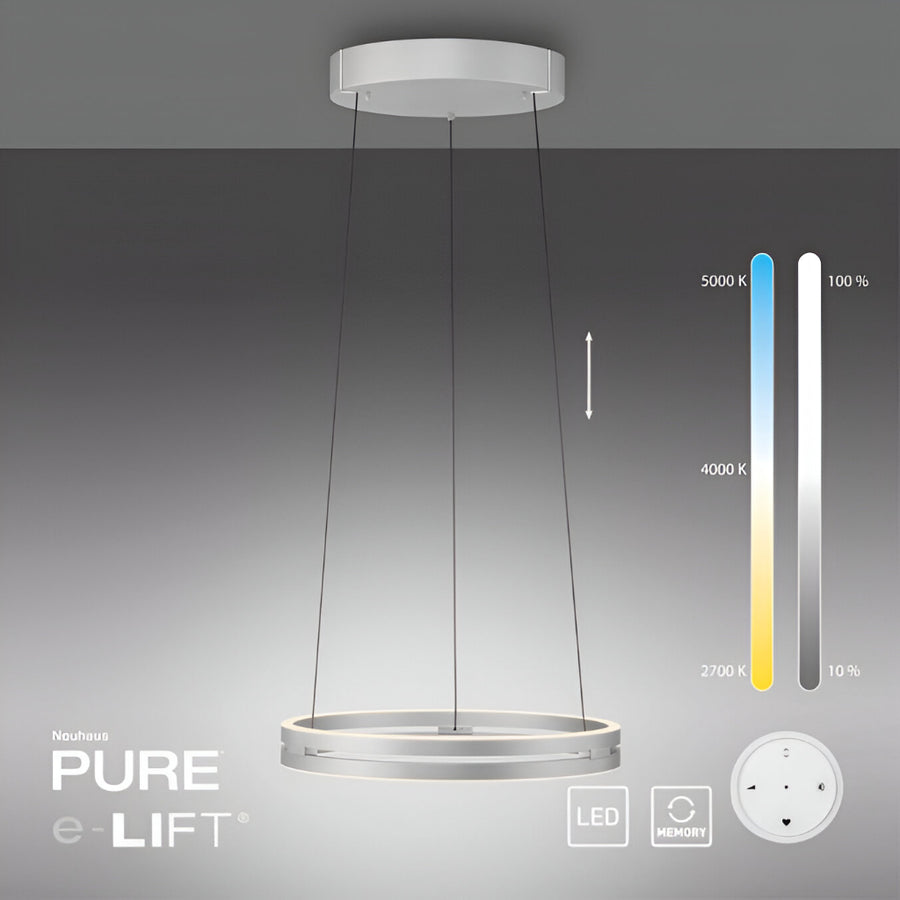 Ceiling Kinetic light fixture with colour temperature scale and Neuhaus name on a gray background
