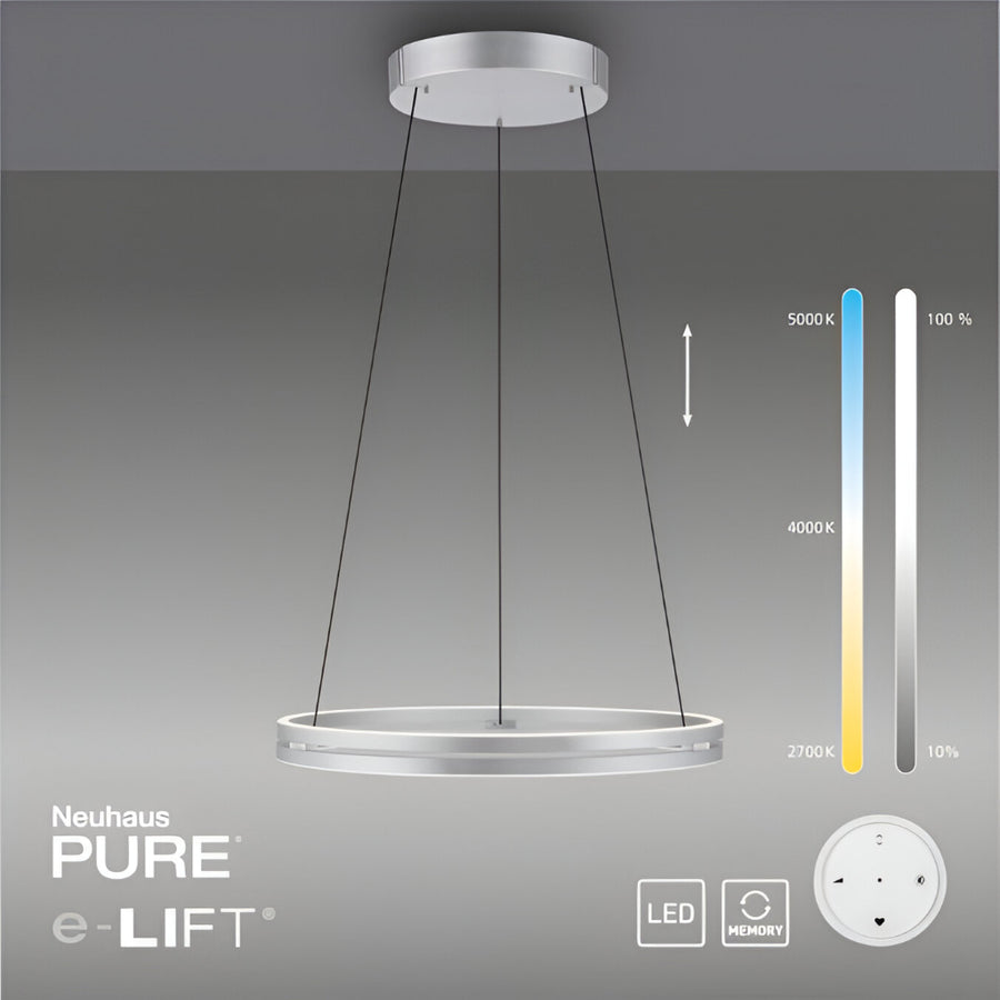 Neuhaus Pure e-Lift pendant light with color temperature scale on a gray background