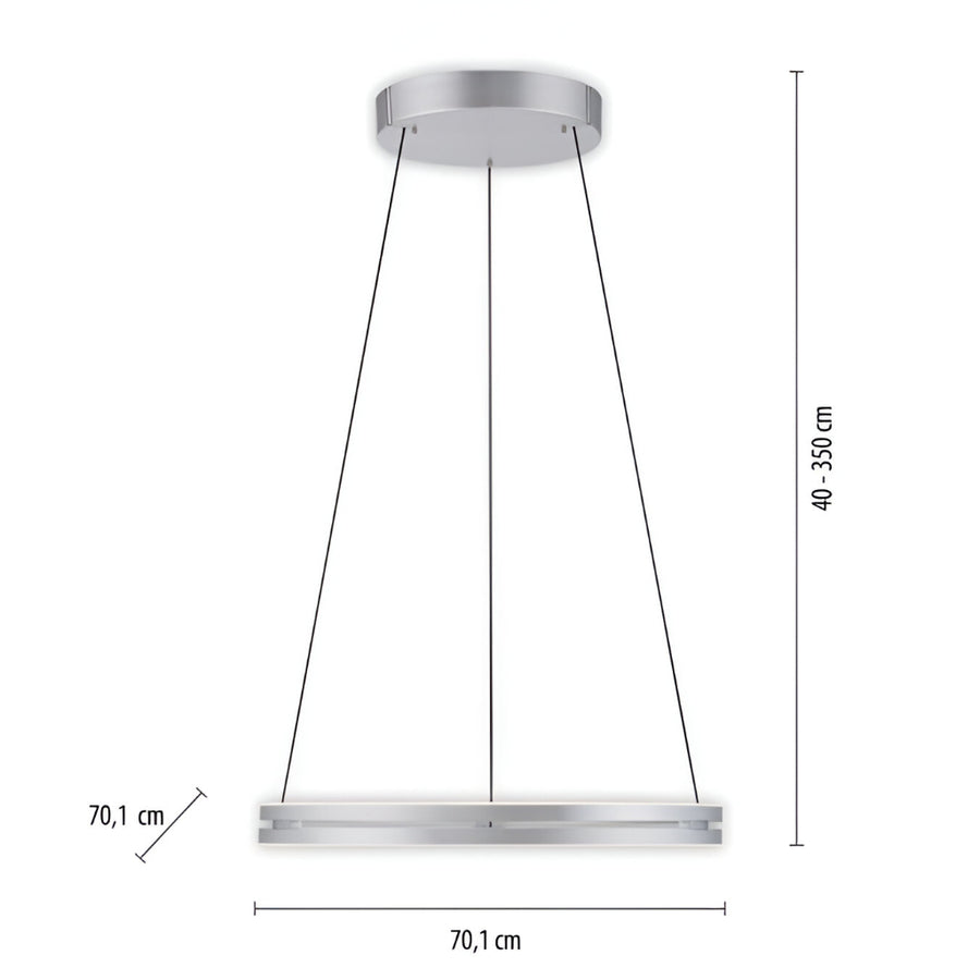 Kinetic Pendant light with dimensions on a white background