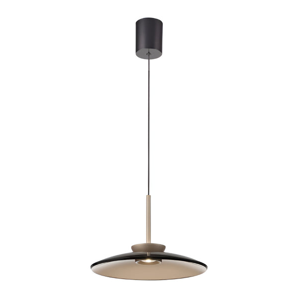 Modern kinetic pendant light with black and gold design on a white background