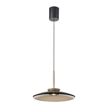 Modern kinetic pendant light with black and gold design on a white background