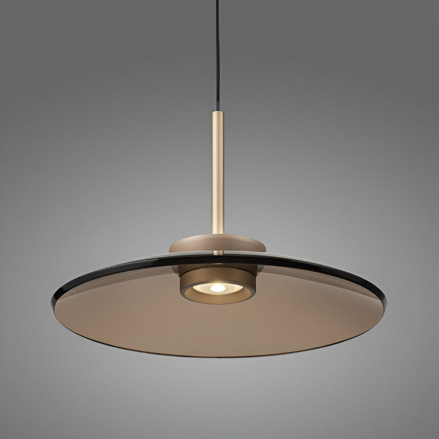 Modern kinetic pendant light with a dark glass shade on a gray background from Neuhaus Pure available at Spacio in India. 