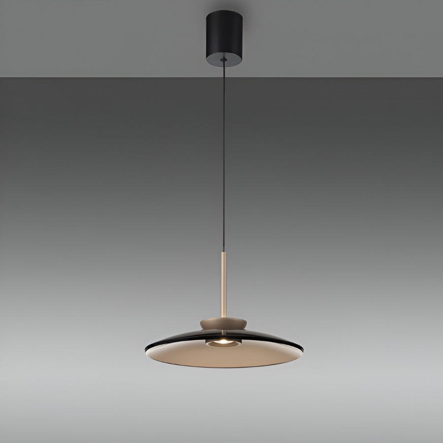 Modern pendant light with black and gold design on a gray background
