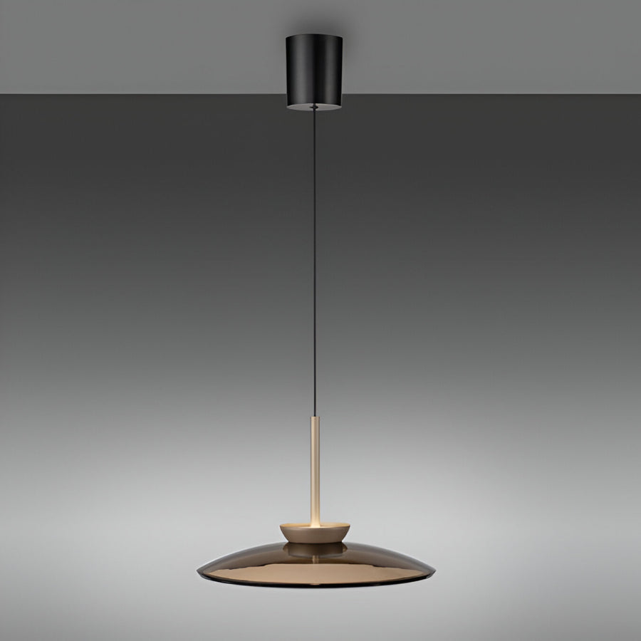 Modern pendant light with black and gold design on a gray background