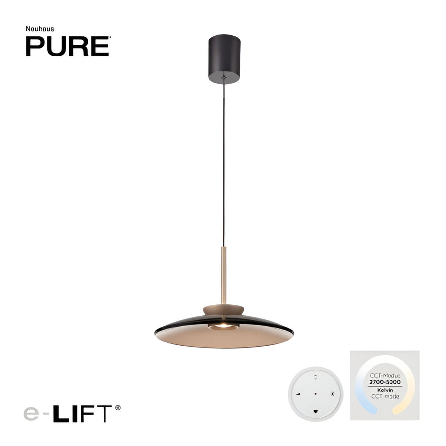Pendant light with e-LIFT technology on a white background, featuring the Neuhaus PURE brand.