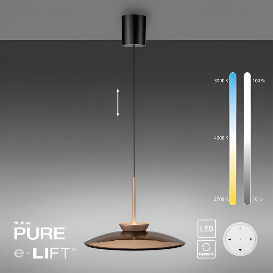 Modern pendant light with color temperature scale on a gray background